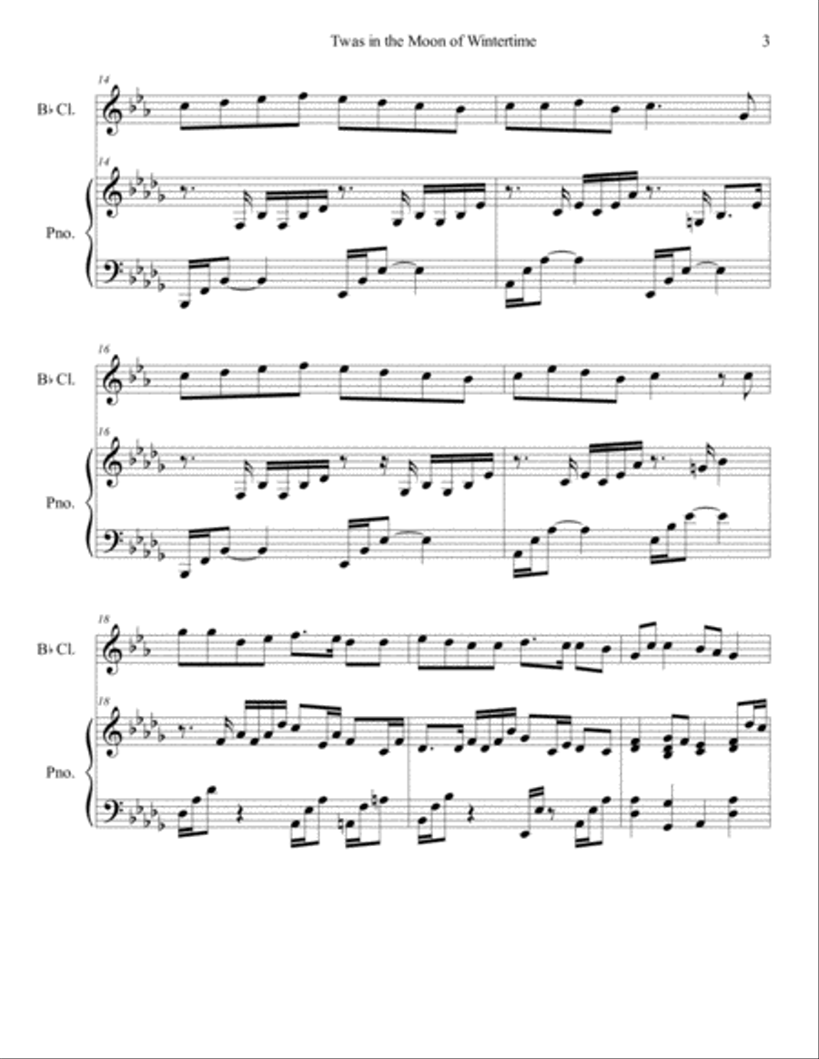 Twas in the Moon of Wintertime/The Huron Carol (Bb clarinet/piano), arr. Brenda Portman B-Flat Clarinet scores gallery preview page 3