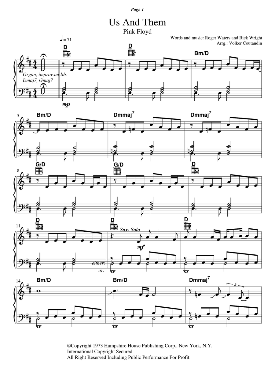 Us And Them Us And Them Piano, Vocal, Guitar scores gallery preview page 1