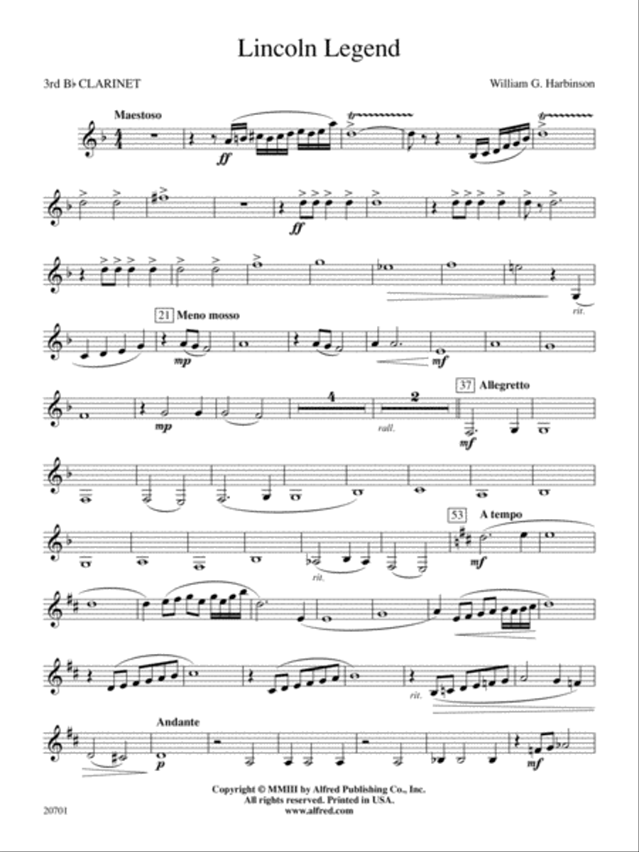 Lincoln Legend: 3rd B-flat Clarinet Concert Band scores gallery preview page 1