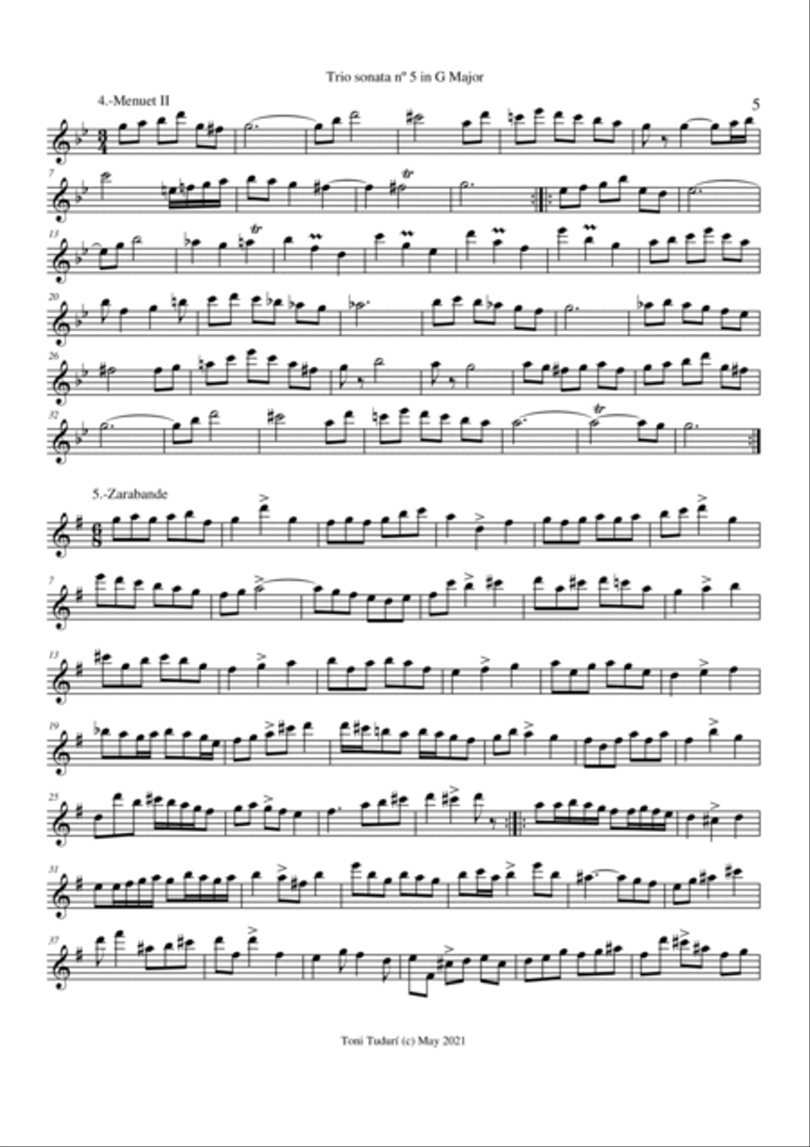 Trio sonata nº5 in G Major for flute, violin & cello or 2 violins & cello and basso continuo (PARTS Small Ensemble scores gallery preview page 5