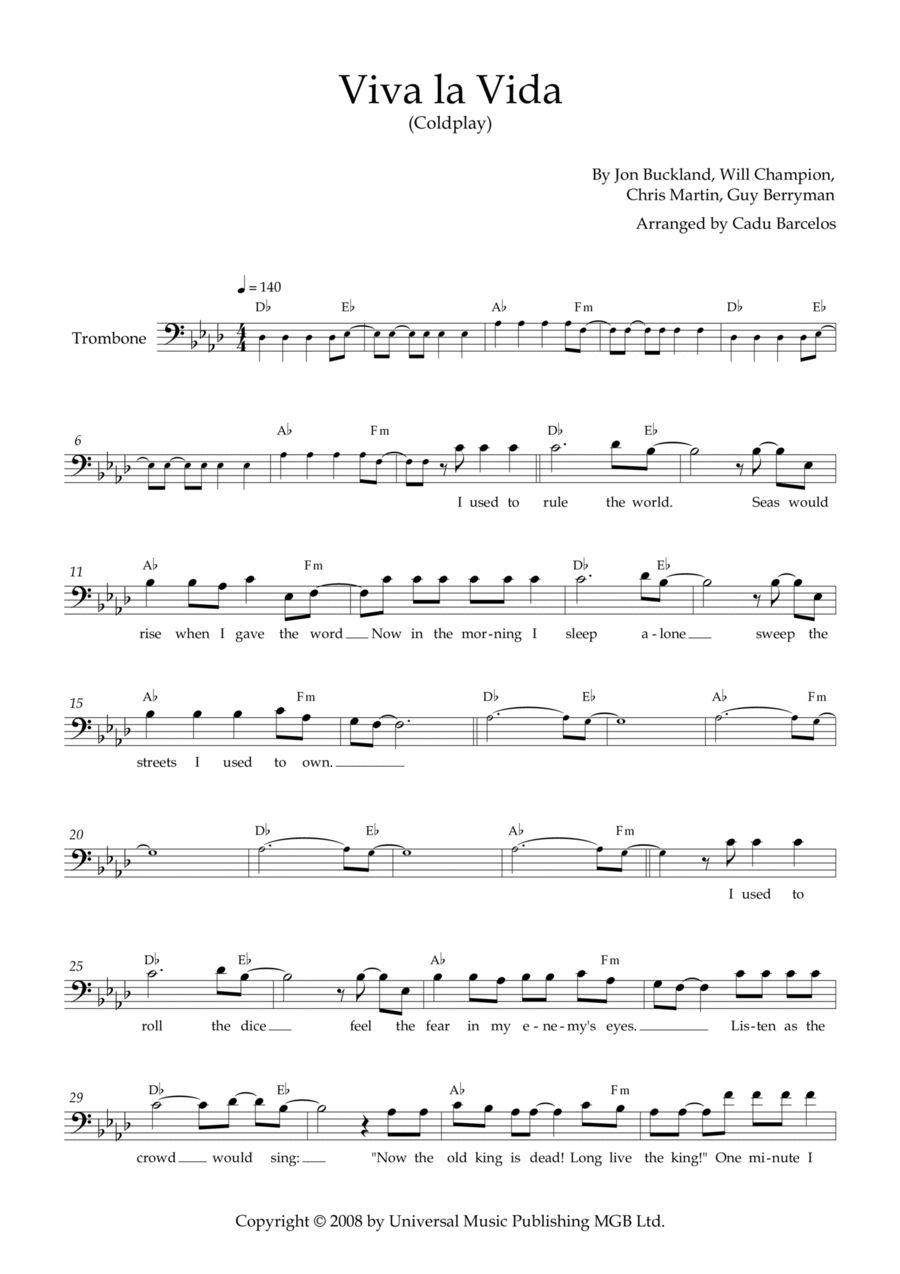 Viva La Vida Trombone Solo scores gallery preview page 1