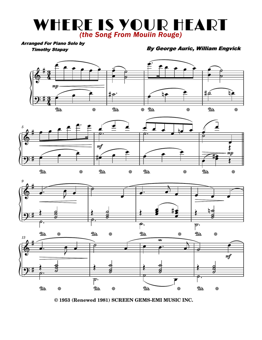 Where Is Your Heart (the Song From Moulin Rouge) Piano Solo scores gallery preview page 1