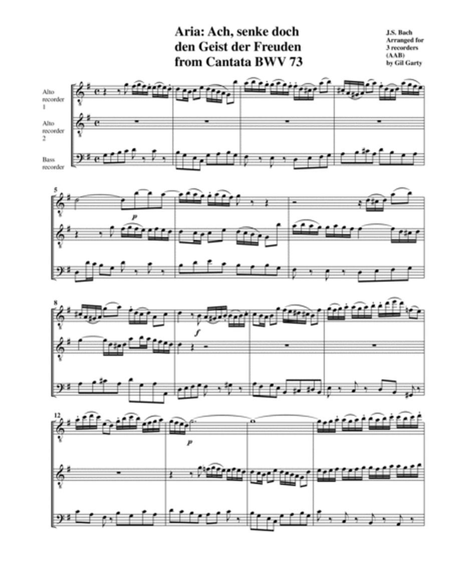 Aria: Ach, senke doch den Geist der Freuden from cantata BWV 73 (Arrangement for 3 recorders (AAB))