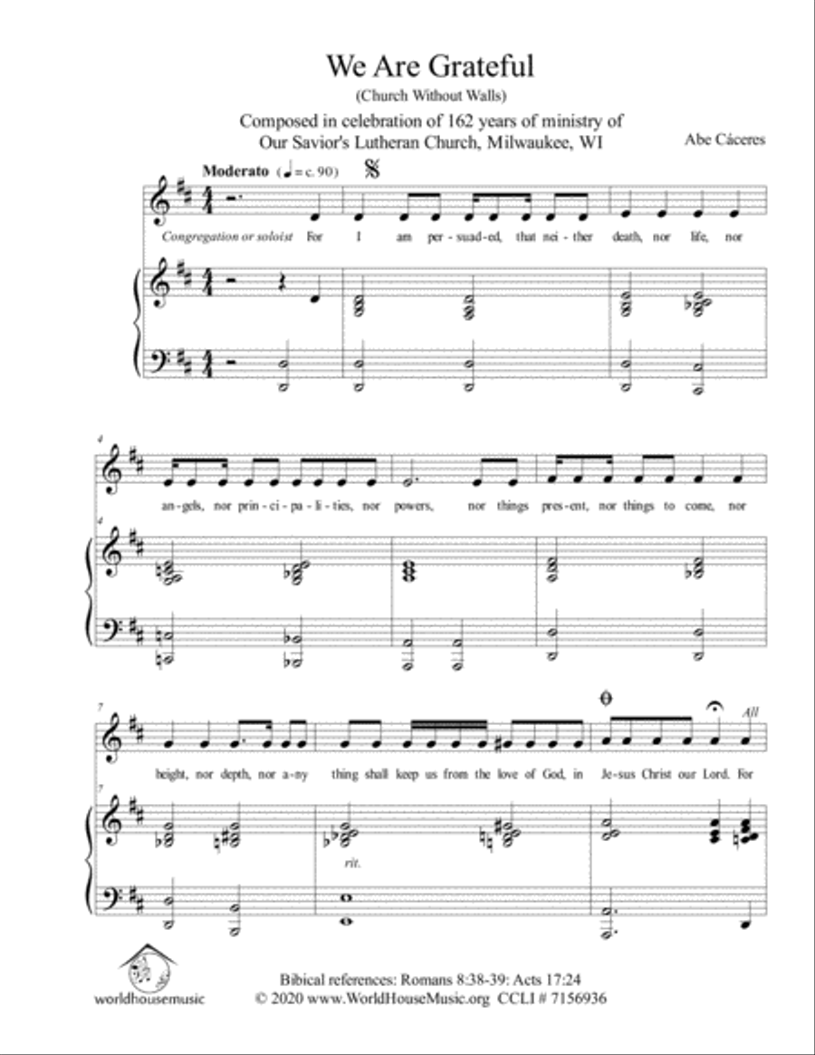 We Are Grateful (Church Without Walls) Unison Choir scores gallery preview page 1