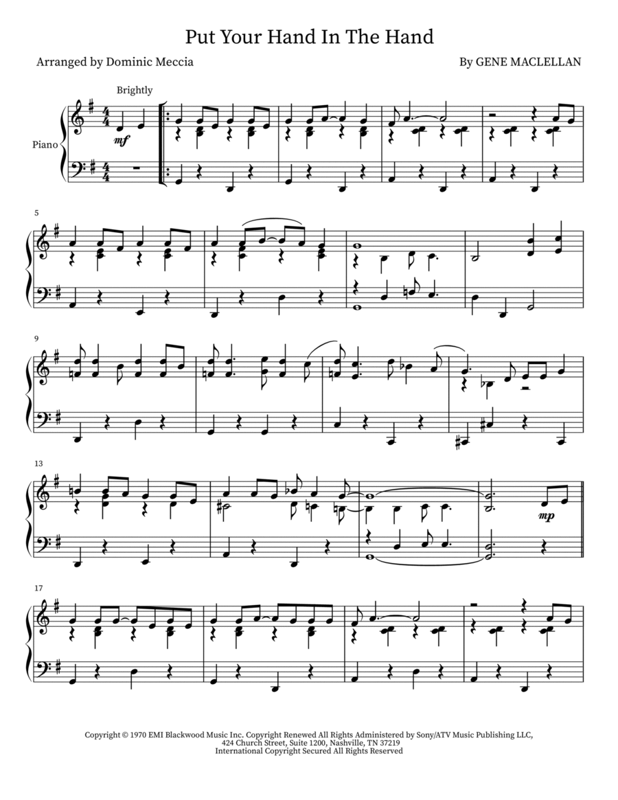 Put Your Hand In The Hand Voice scores gallery preview page 1
