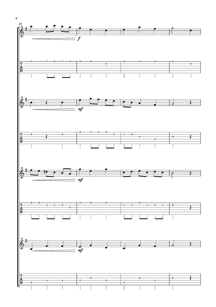 We Wish You a Merry Christmas for guitar quartet with tab. Score and parts Included. Guitar Ensemble scores gallery preview page 4