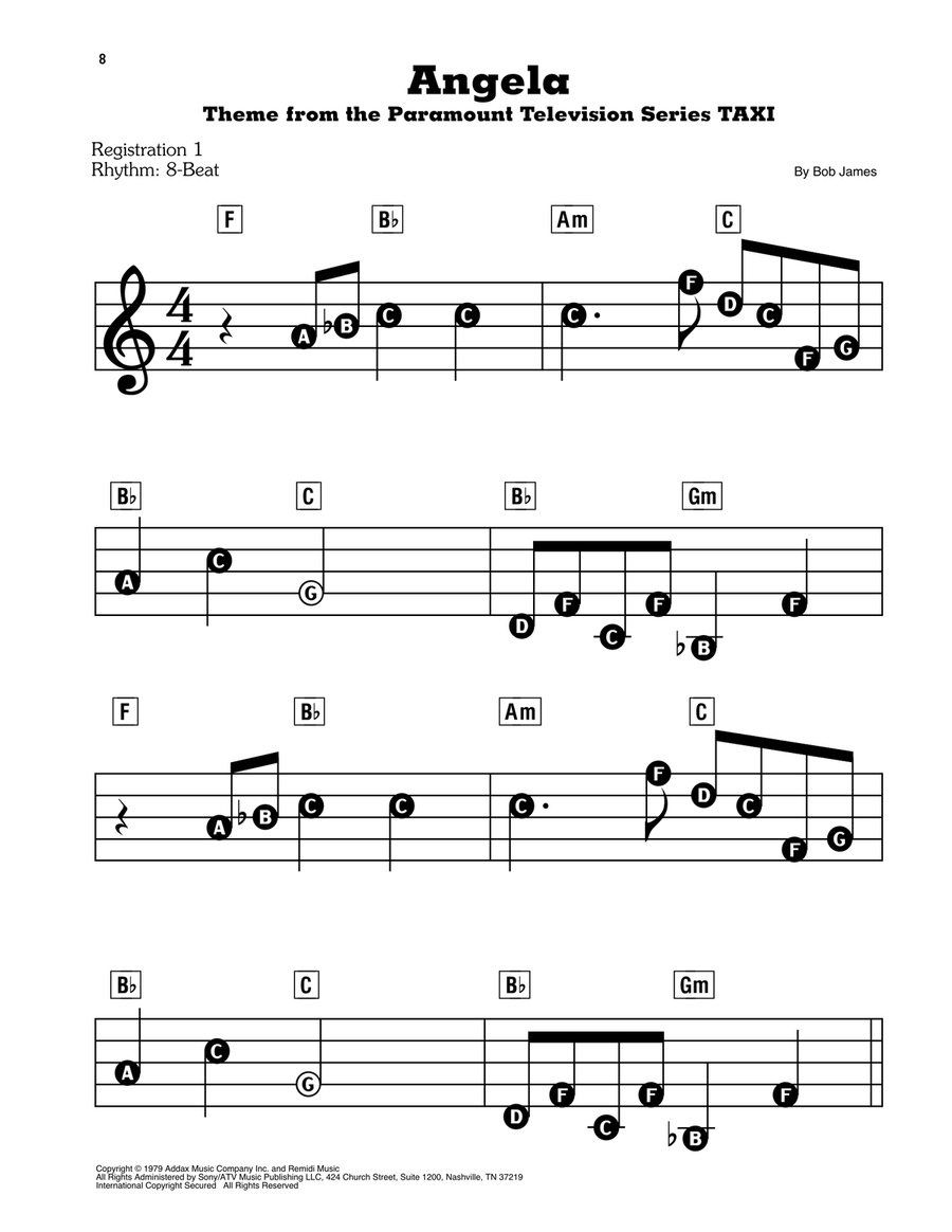 Angela (theme from Taxi) Electronic Keyboard scores gallery preview page 1