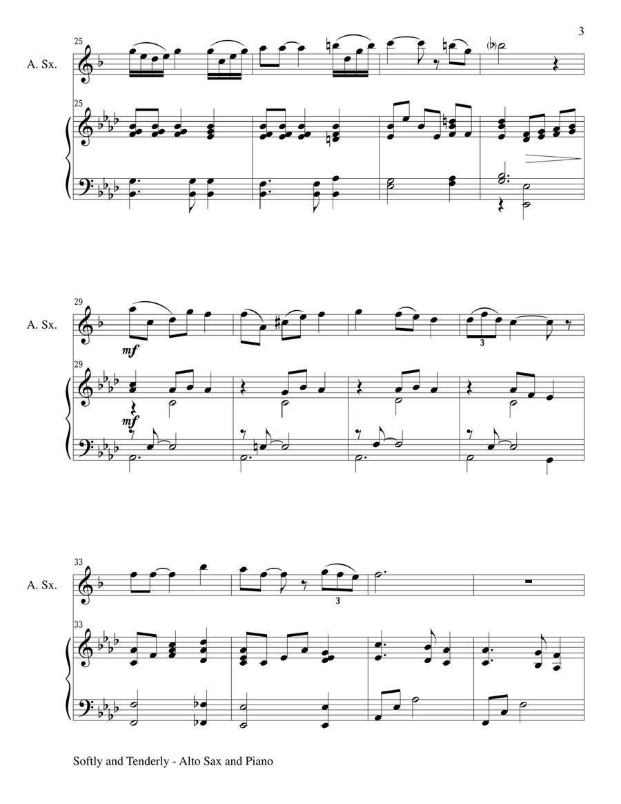 SOFTLY AND TENDERLY (Duet – Alto Sax and Piano/Score and Parts) Woodwind Duet scores gallery preview page 3