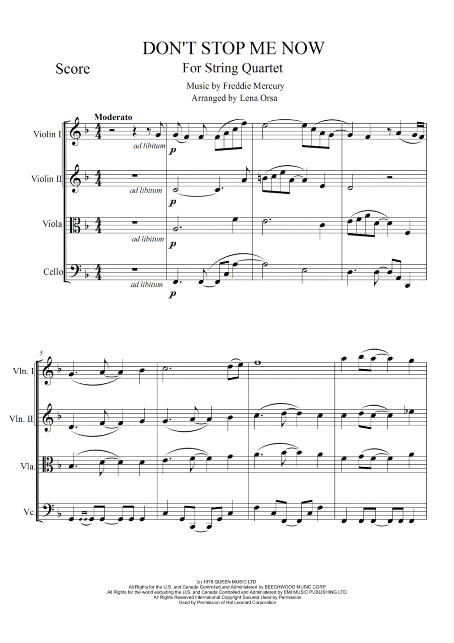 Don't Stop Me Now String Quartet scores gallery preview page 1