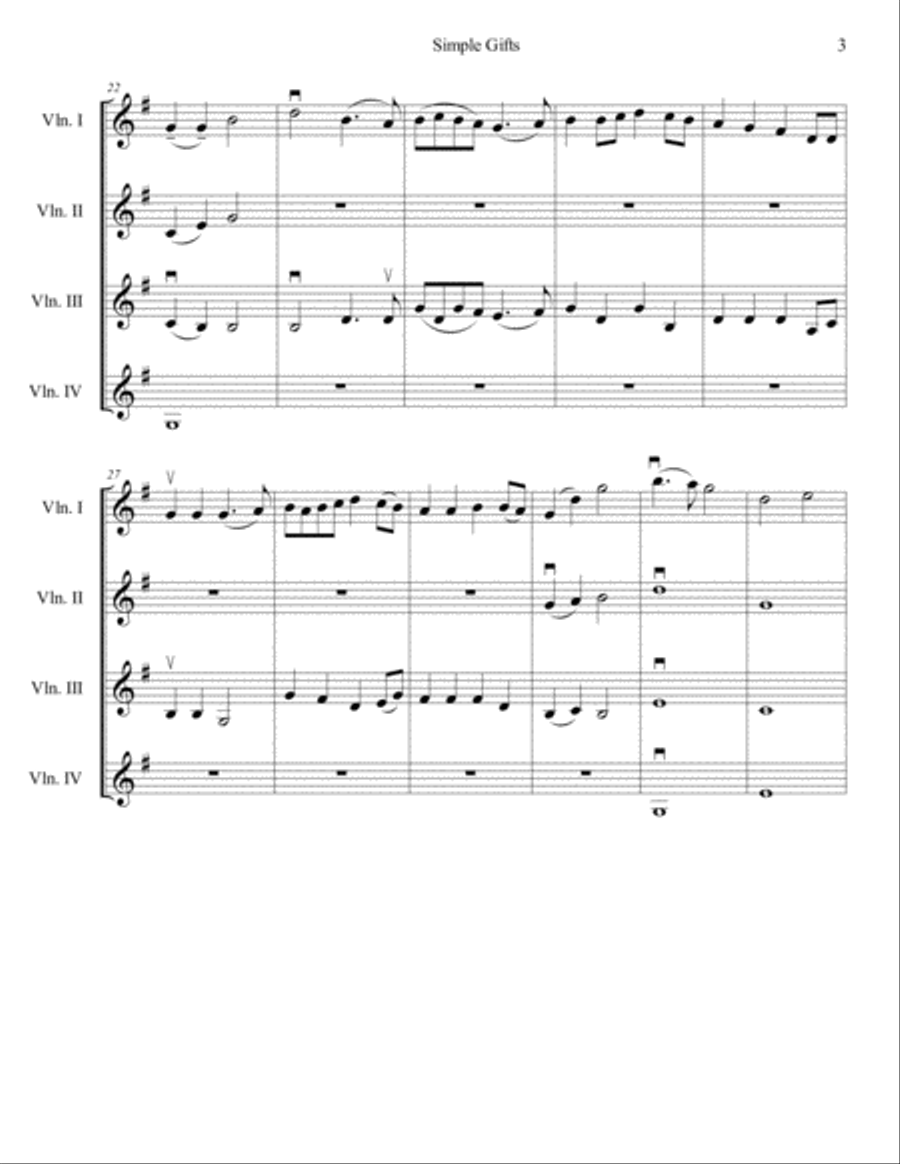 Simple Gifts for Violin Quartet Violin Solo scores gallery preview page 3