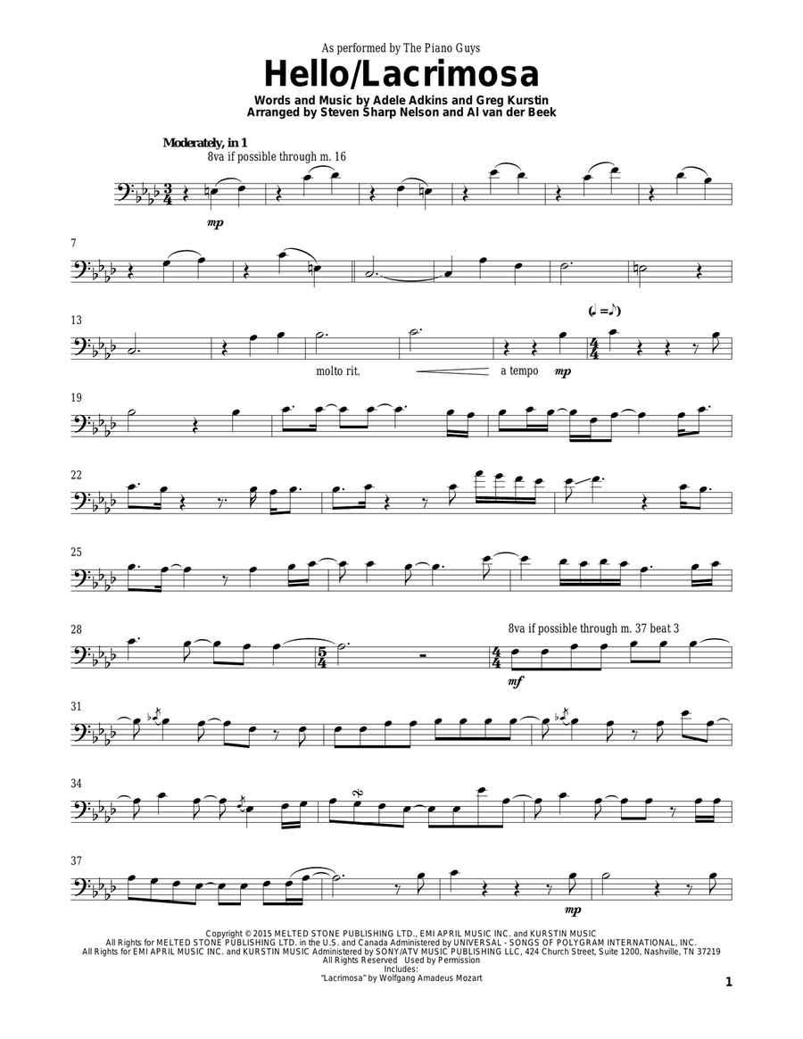 Hello/Lacrimosa Cello Solo scores gallery preview page 1