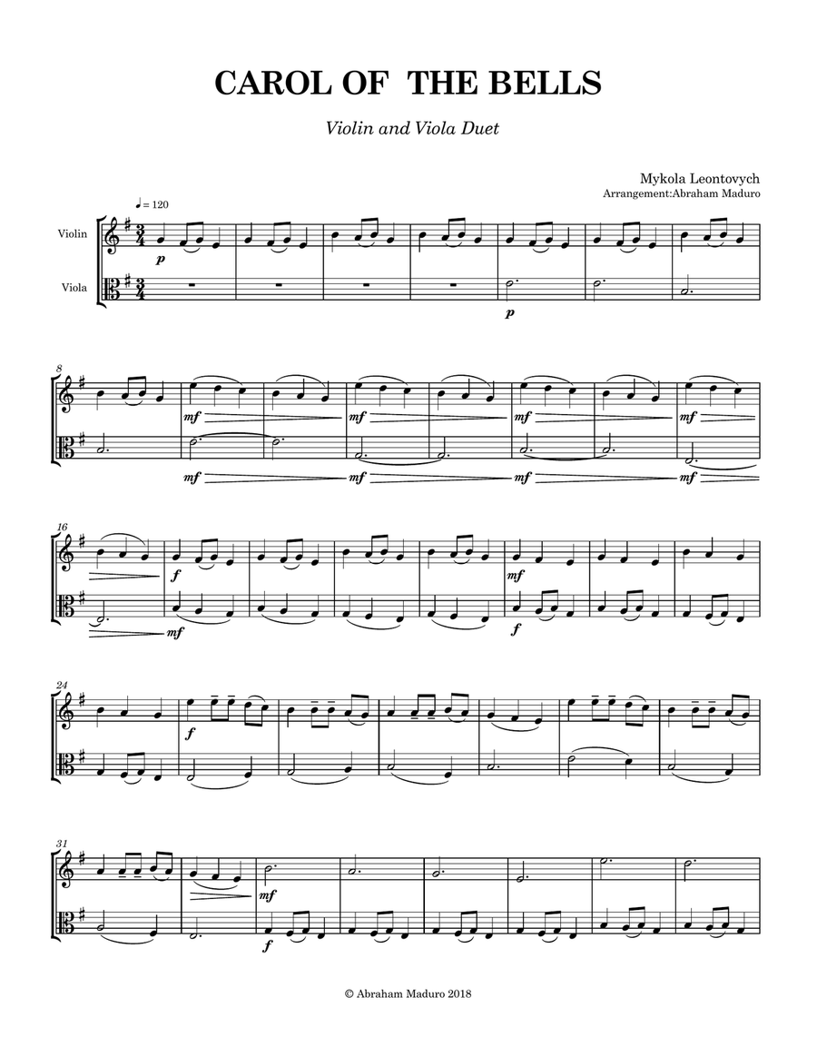 Carol of the Bells Violin and Viola Duet String Duet scores gallery preview page 2