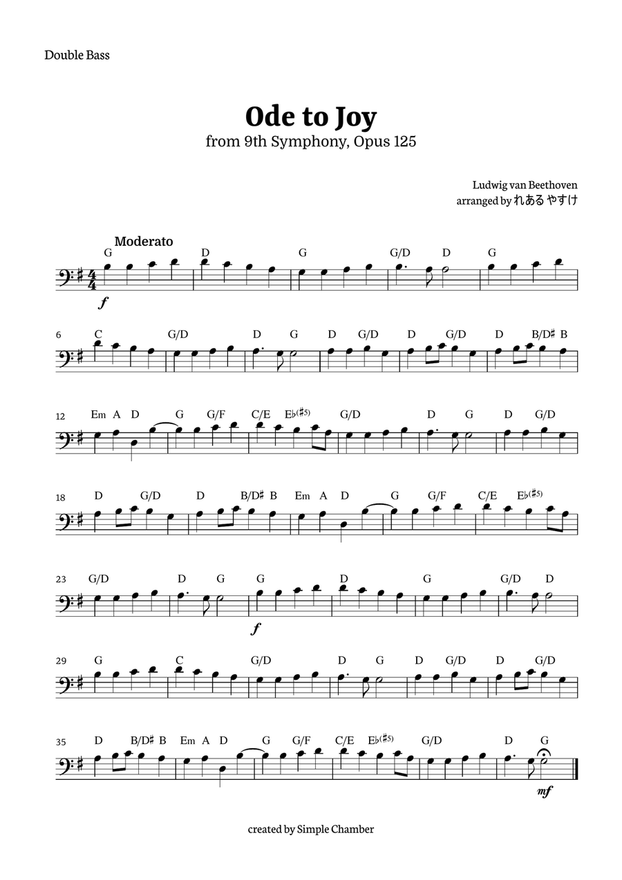 Ode to Joy for Double Bass Solo by Beethoven Opus 125 Chamber Music scores gallery preview page 1