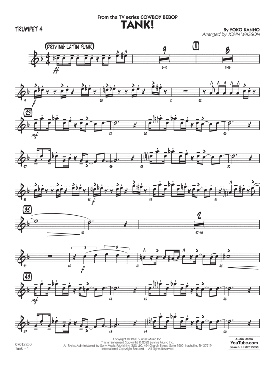 Tank! (from Cowboy Bebop) (arr. John Wasson) - Trumpet 4 Jazz Ensemble scores gallery preview page 1