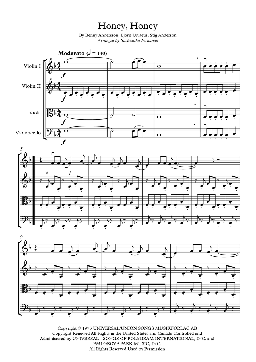 Honey, Honey String Quartet scores gallery preview page 1