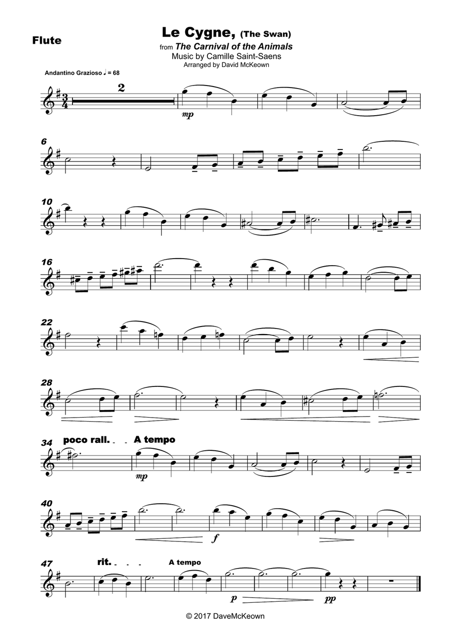 The Swan, (Le Cygne), by Saint-Saëns, for Flute and Piano Flute Solo scores gallery preview page 2