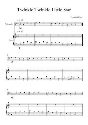 Twinkle Twinkle Little Star for Cello (Violoncello) and Piano in C Major. Very Easy.
