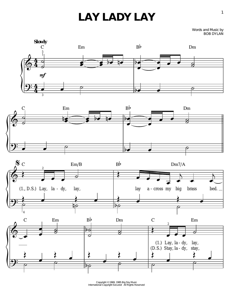 Lay Lady Lay Lay Lady Lay Easy Piano scores gallery preview page 1