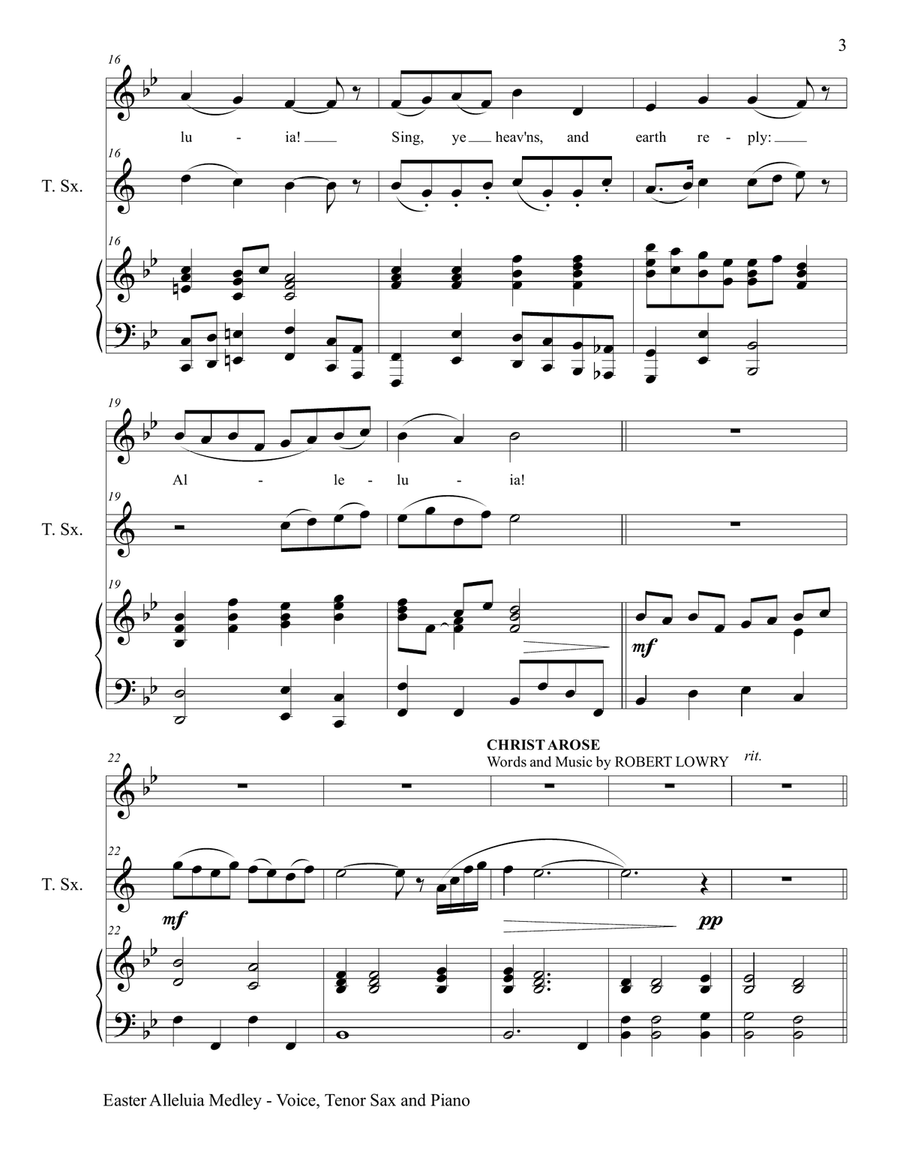 EASTER ALLELUIA MEDLEY (Voice, Tenor Sax and Piano. Score & Parts included) Small Ensemble scores gallery preview page 3