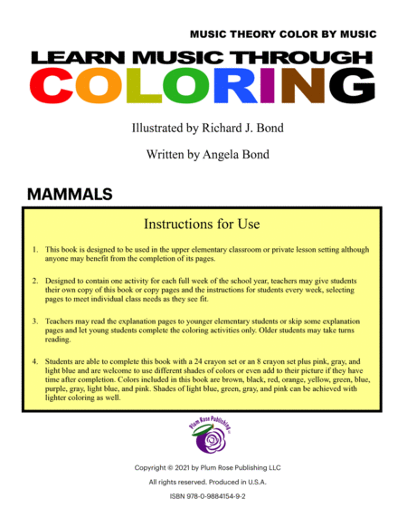 Learn Music Through Coloring Music Theory Color by Music: MAMMALS