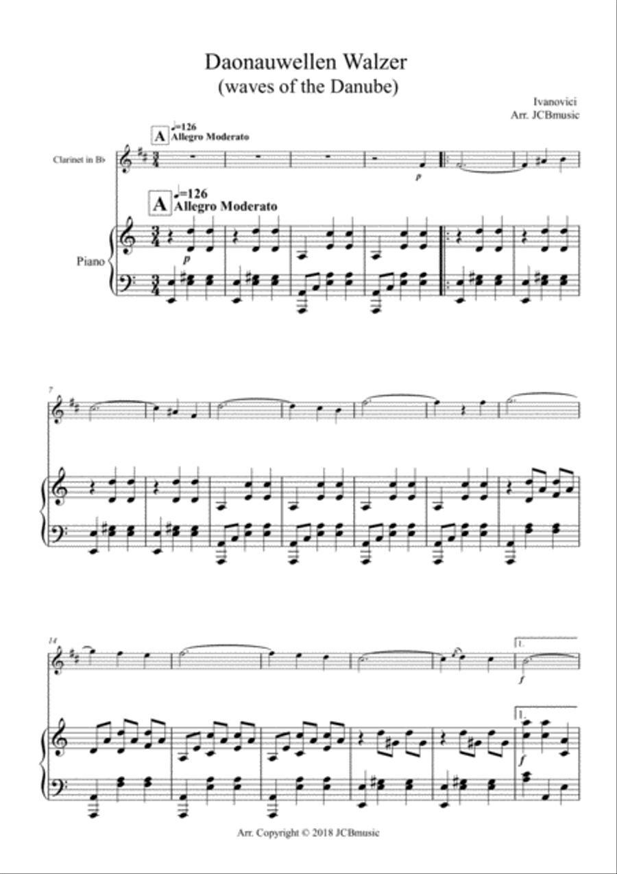 Donauwellen Walzer (waves of the Danube) arranged for clarinet Bb and piano Clarinet Solo scores gallery preview page 4