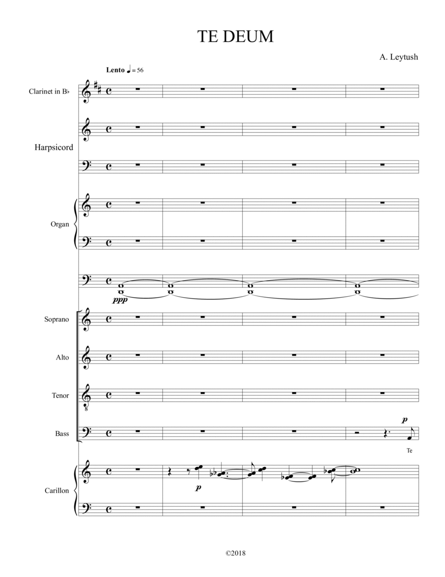 Arkady Leytush - 'Te Deum' for SATB Choir, Clarinet, Organ, Harpsichord and Carillon 4-Part scores gallery preview page 1