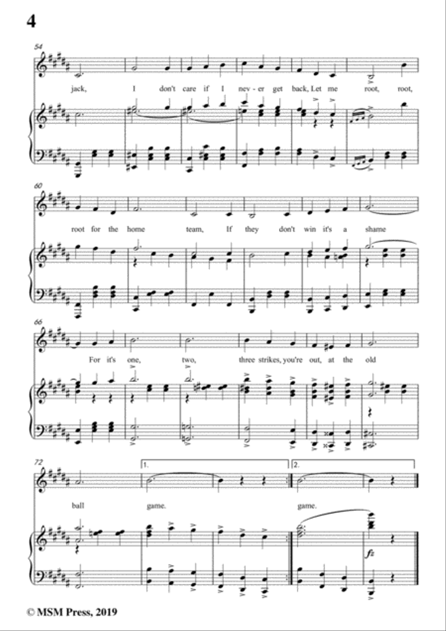 Albert Von Tilzer-Take Me Out To The Ball Game,in B Major,for Voice&Piano Voice scores gallery preview page 6