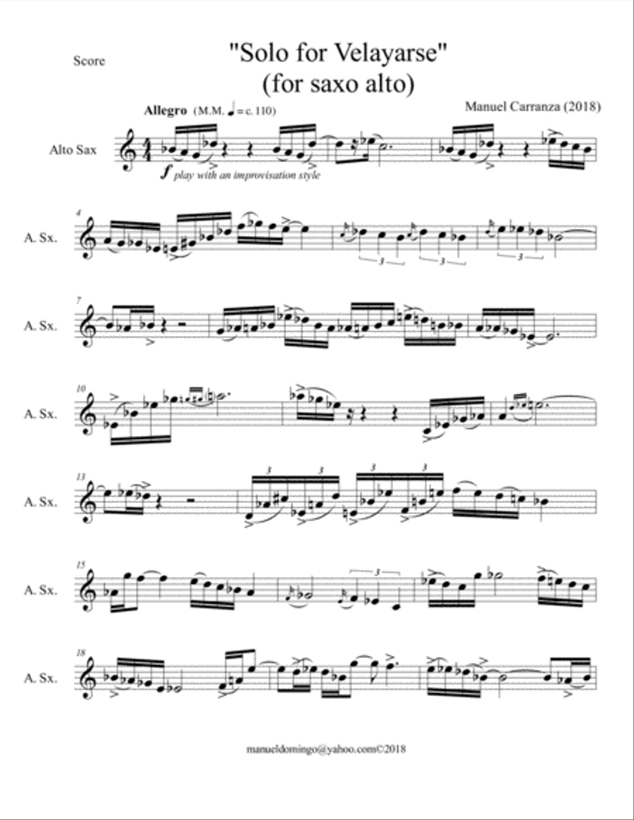 Solo for Velayarse, Op.3 (alto sax solo) Alto Saxophone scores gallery preview page 1