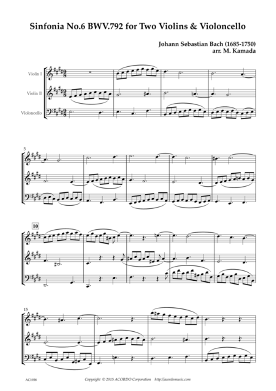 Sinfonia No.6 BWV.792 for Two Violins & Violoncello String Duet scores gallery preview page 1