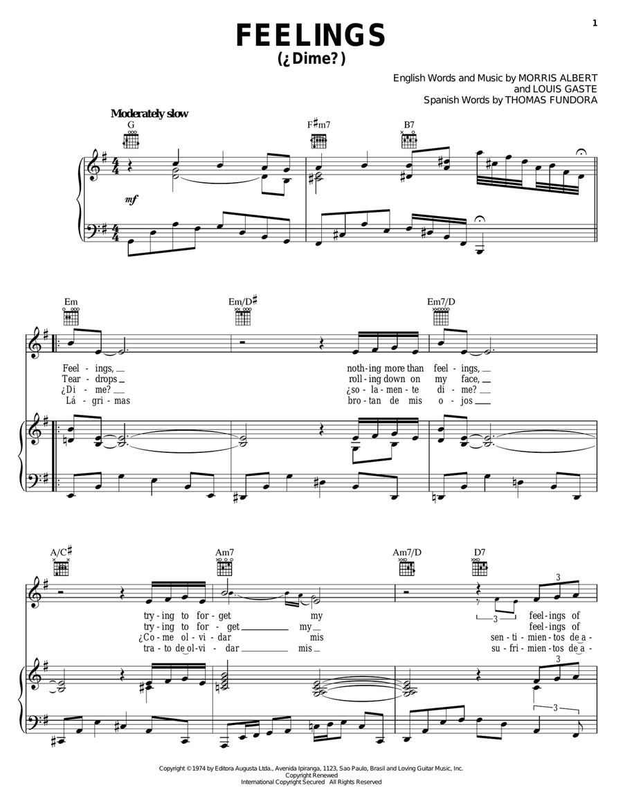 Feelings Piano, Vocal, Guitar scores gallery preview page 1