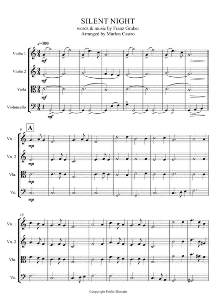 SILENT NIGHT - Quartet Strings String Quartet scores gallery preview page 1
