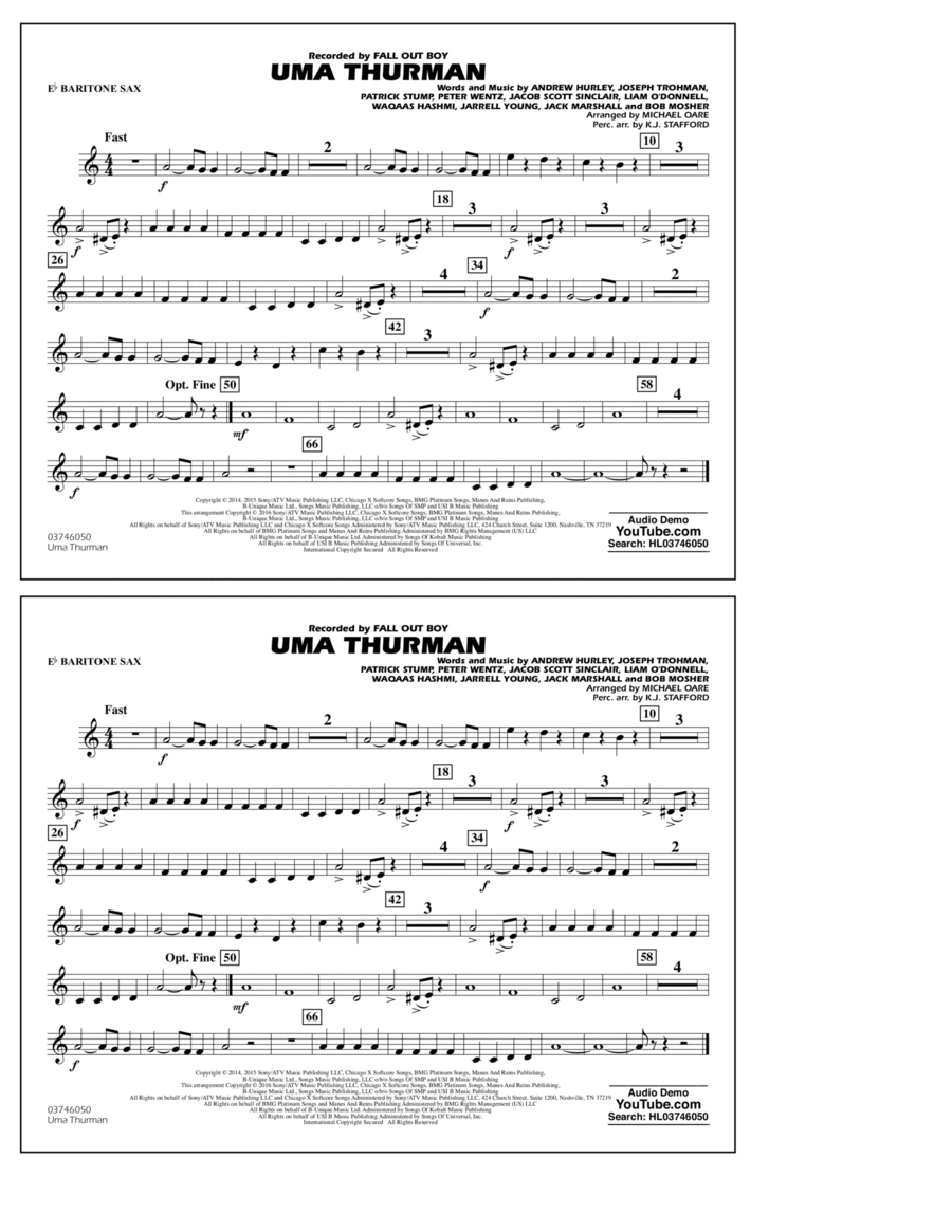 Uma Thurman - Eb Baritone Sax Baritone Saxophone scores gallery preview page 1