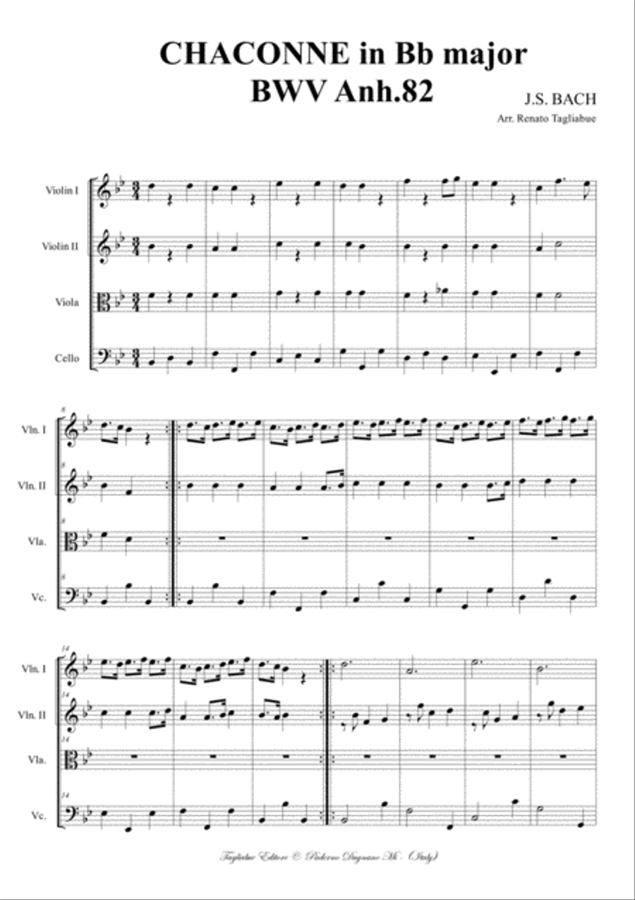 CIACONA in Bb - BWV Anh.82 - Arr. for String Quartet CIACONA in Bb - BWV Anh.82 - Arr. for String Quartet String Quartet scores gallery preview page 2