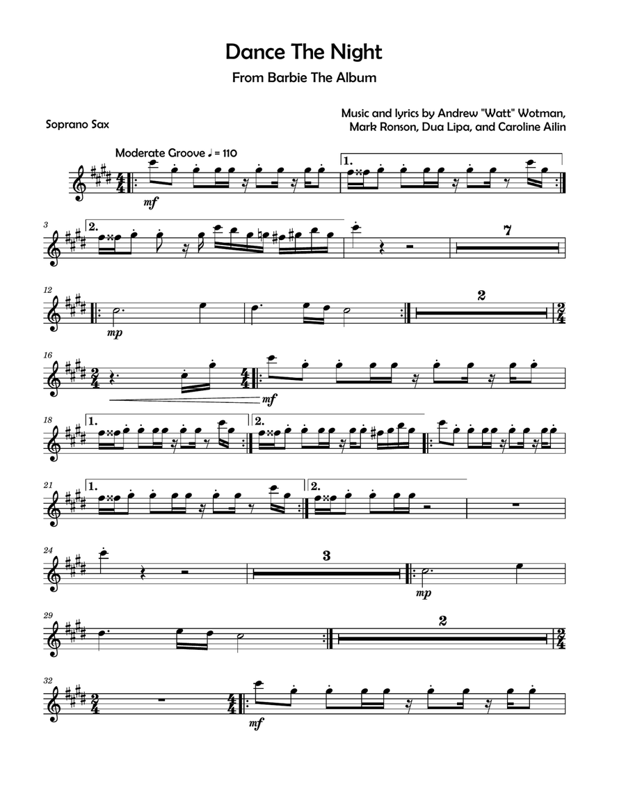 Dance The Night Soprano Saxophone scores gallery preview page 1