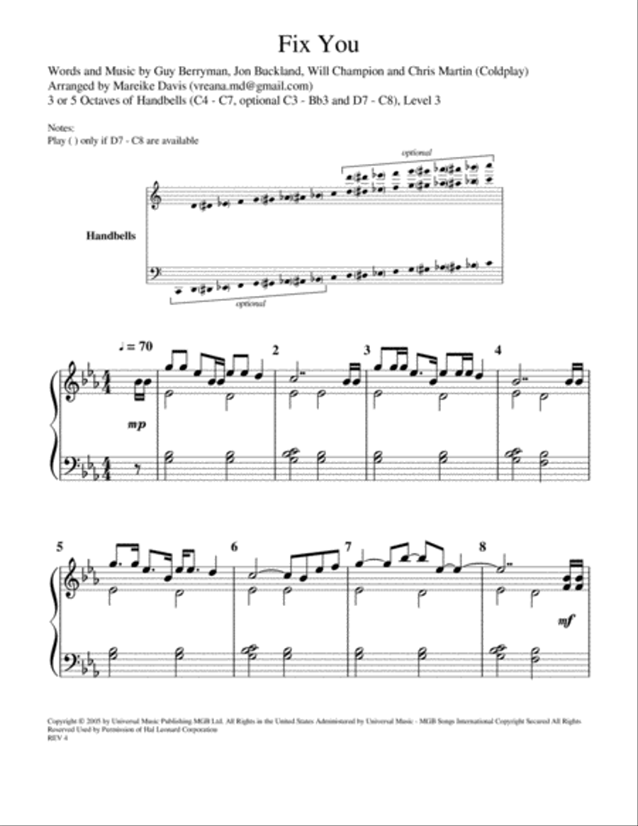 Fix You Handbell Choir scores gallery preview page 1