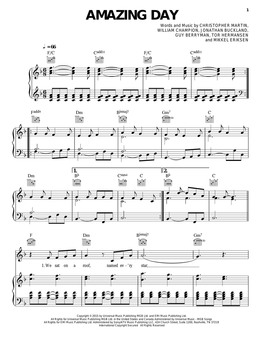 Amazing Day Amazing Day Piano, Vocal, Guitar scores gallery preview page 1