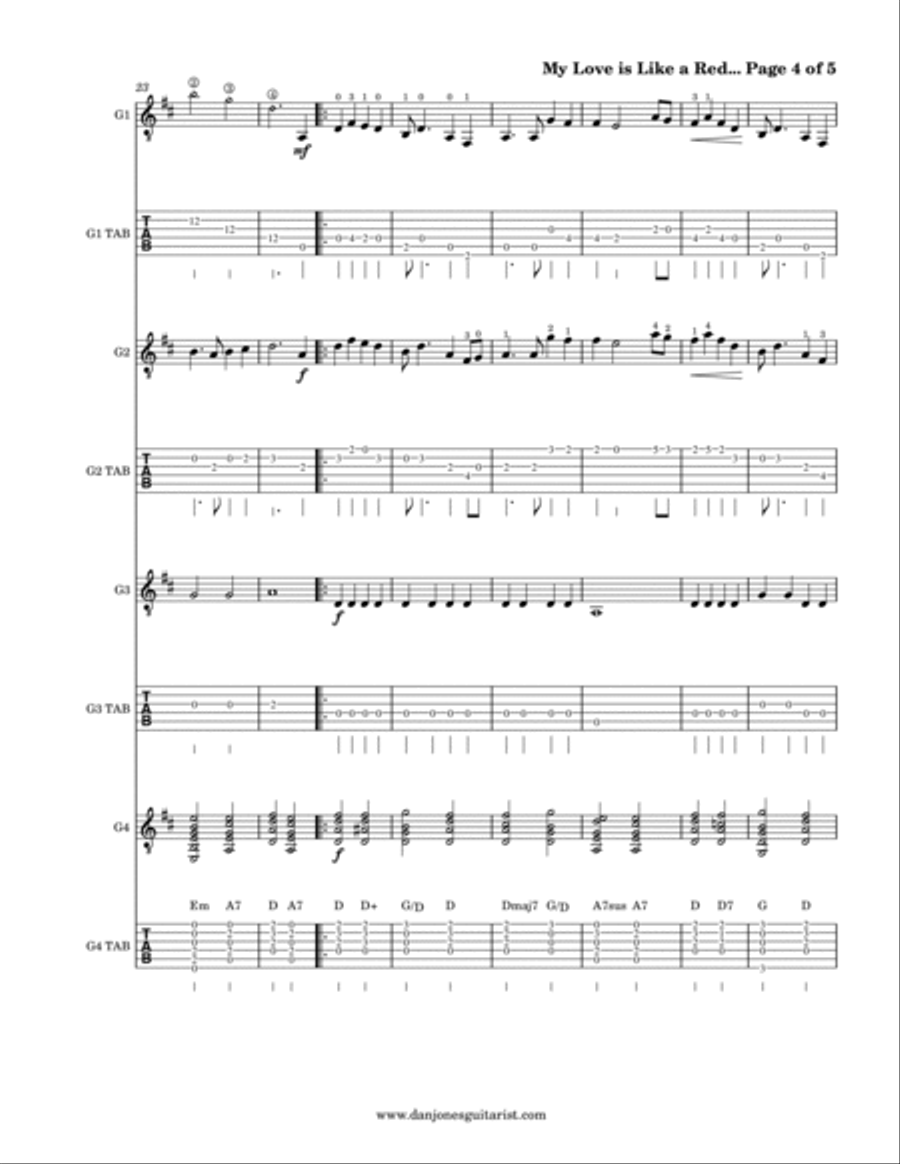My Love is Like a Red, Red Rose (Guitar Quartet Version) Guitar Ensemble scores gallery preview page 4