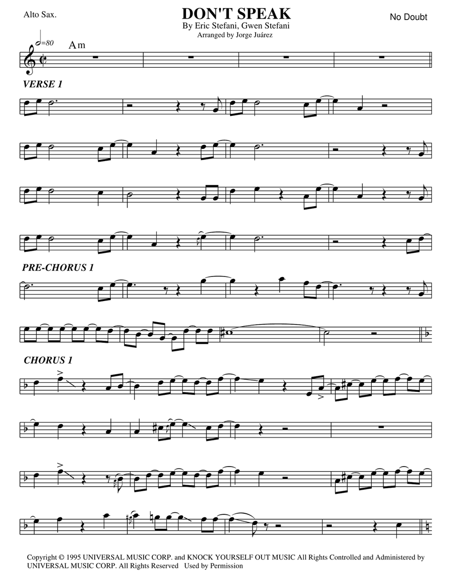 Don't Speak Don't Speak Alto Saxophone scores gallery preview page 1