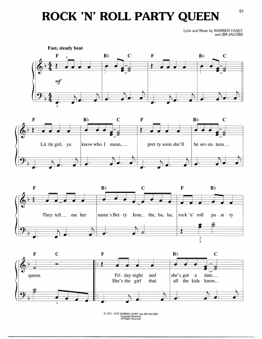 Rock 'N' Roll Party Queen (from Grease) Easy Piano scores gallery preview page 1