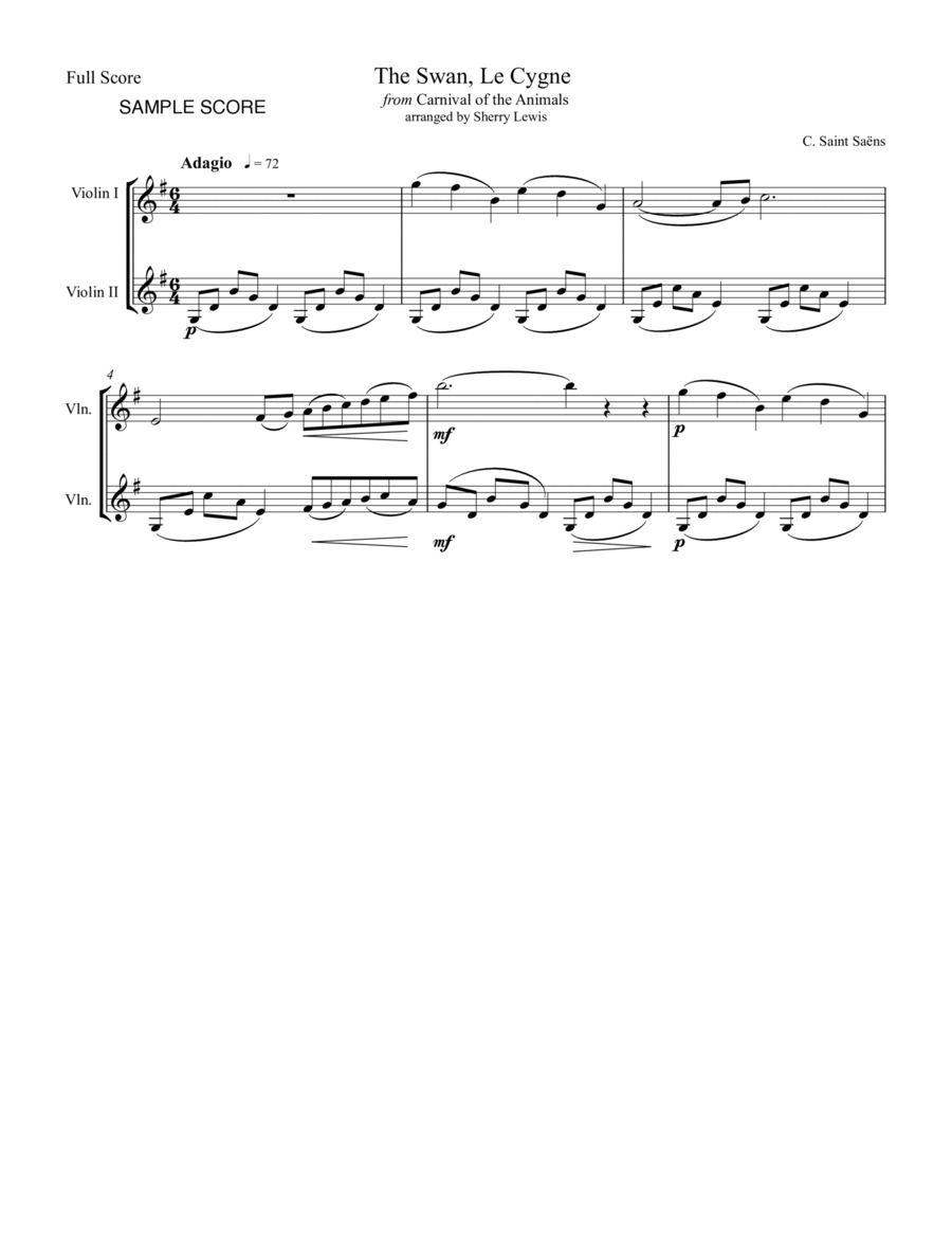 THE SWAN from CARNIVAL OF THE ANIMALS DUET FOR 2 VIOLINS, Intermediate Level image number null