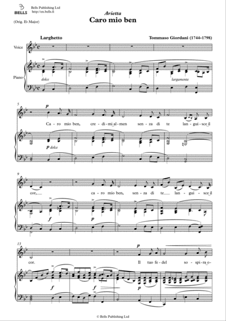 Caro mio ben (B-flat Major) Voice Solo scores gallery preview page 1