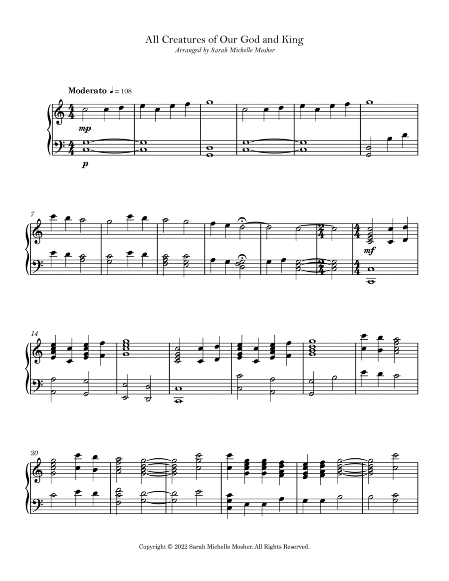 All Creatures of Our God and King (Intermediate Piano or Harp) Harp scores gallery preview page 1