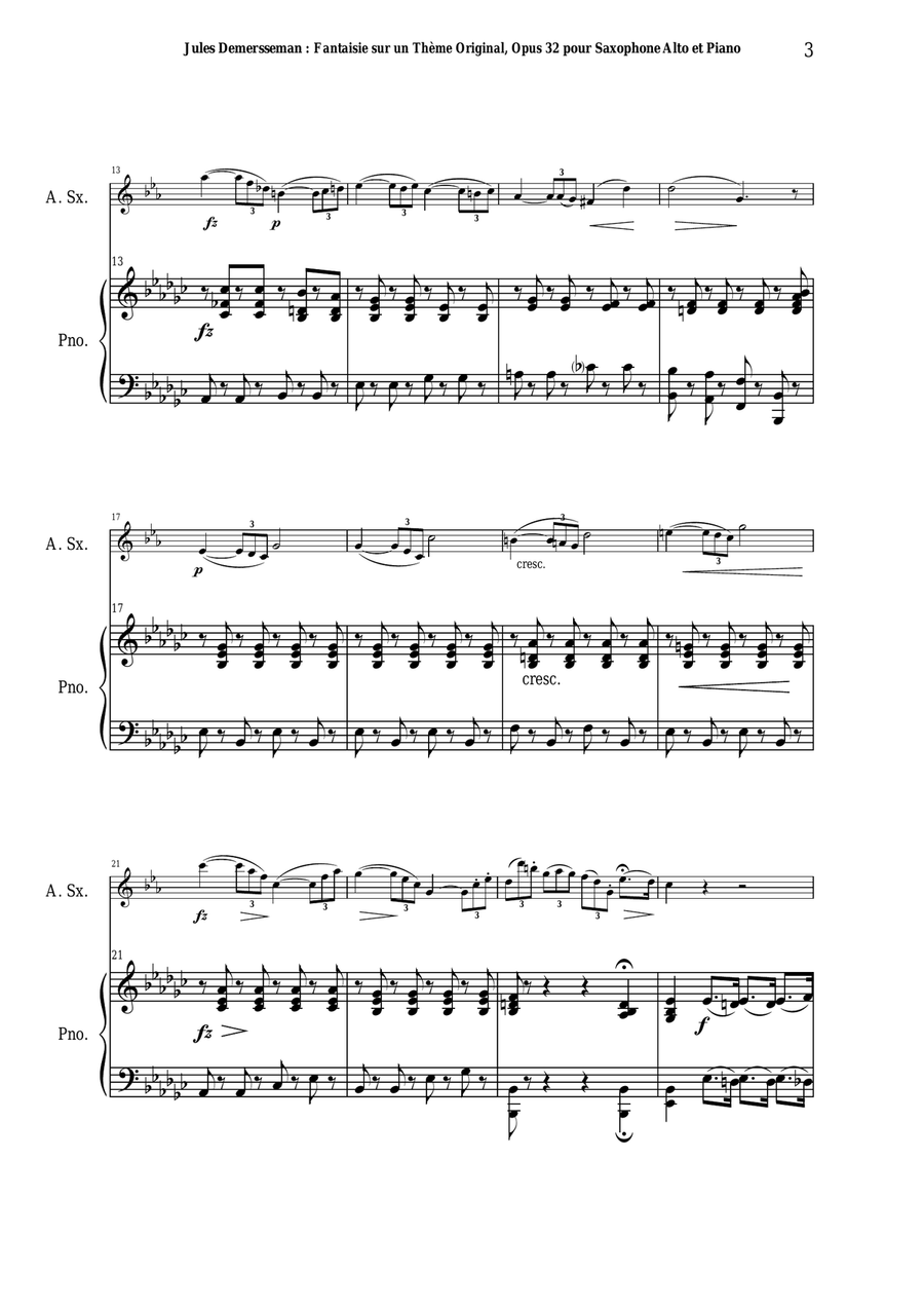 Jules Demersseman : Fantaisie, opus 32 for alto saxophone and piano