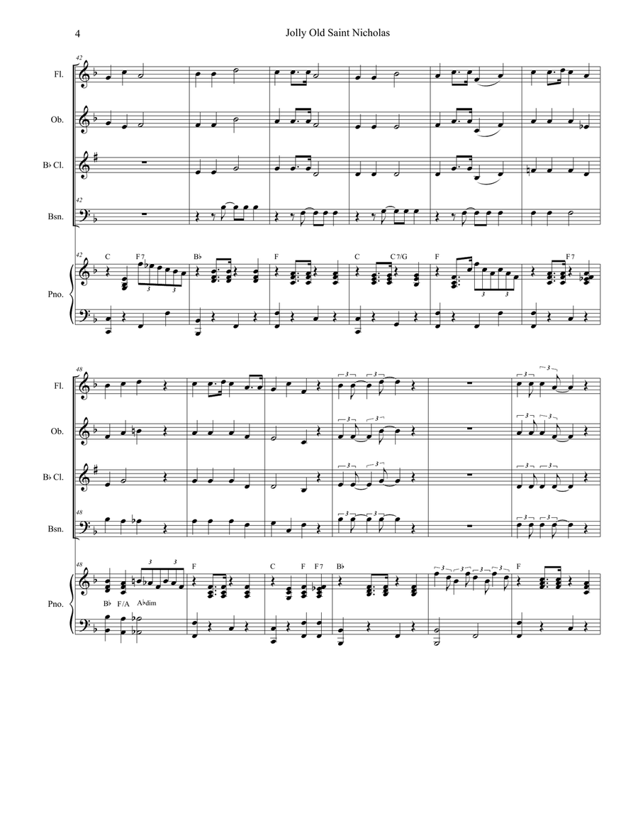 Jolly Old Saint Nicholas with Up On The Housetop (for Woodwind Quartet and Piano) Woodwind Quartet scores gallery preview page 5