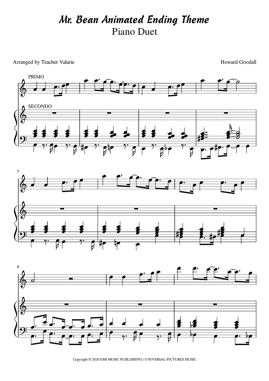 Mr. Bean Animated Series Theme Easy Piano scores gallery preview page 1