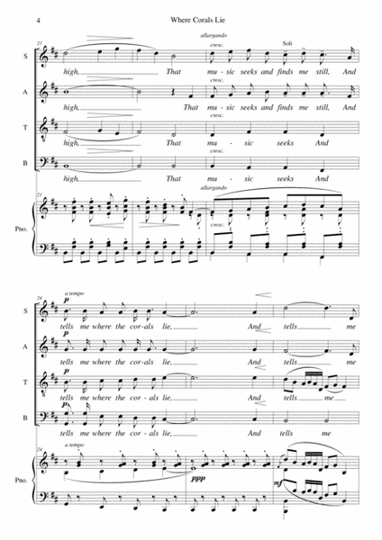 Elgar Where Corals Lie from Sea Pictures arranged for SATB choir and piano (or organ)