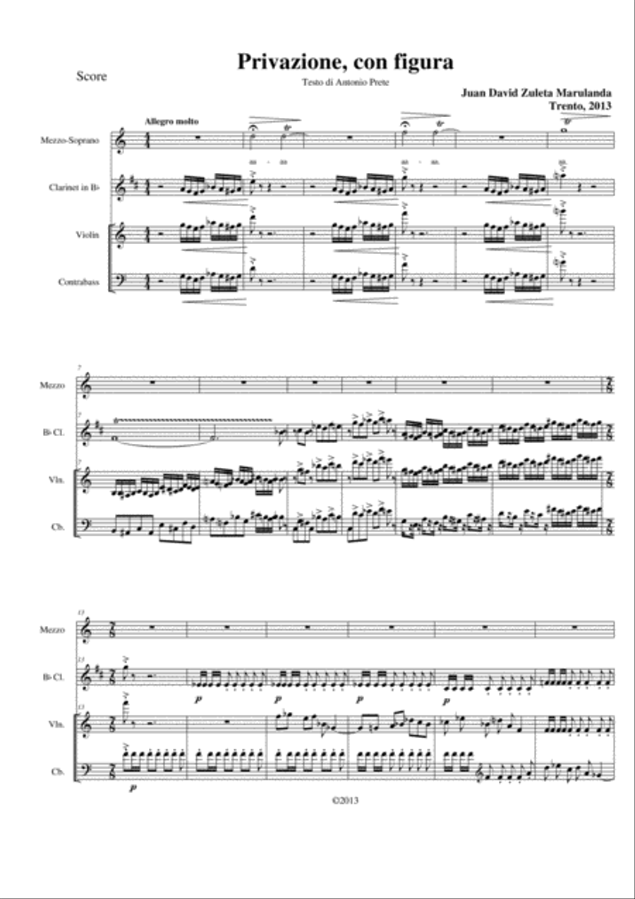 Privazione, con figura. Music by Juan Zuleta, poem by Antonio Prete Small Ensemble scores gallery preview page 1