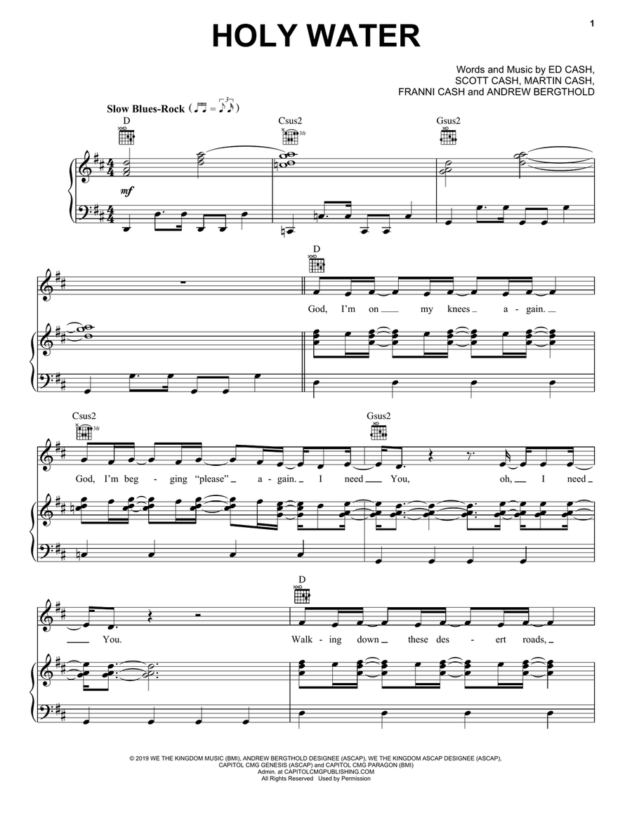 Holy Water Piano, Vocal, Guitar scores gallery preview page 1