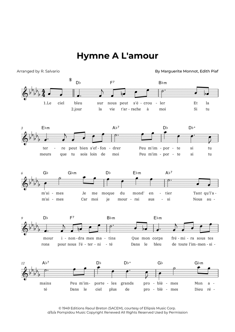 Hymne A L'amour Piano scores gallery preview page 1