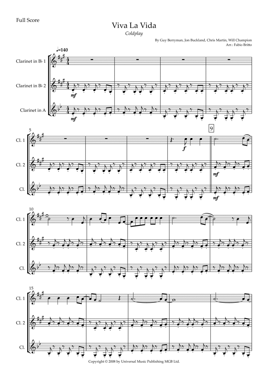 Viva La Vida Clarinet Trio scores gallery preview page 1